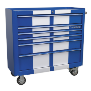 6 Drawer Wide Retro Style Rollcab - Blue with White Stripes