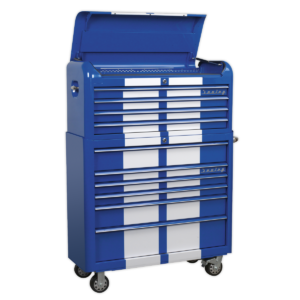 Retro Style Extra-Wide Topchest & Rollcab Combination 10 Drawer Blue/White Stripes