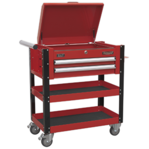 2 Drawer Heavy-Duty Mobile Tool & Parts Trolley with Lockable Top - Red
