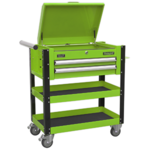 2 Drawer Heavy-Duty Mobile Tool & Parts Trolley with Lockable Top - Hi-Vis Green