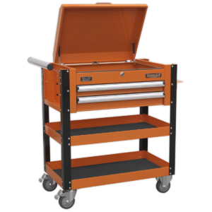 2 Drawer Heavy-Duty Mobile Tool & Parts Trolley with Lockable Top - Orange