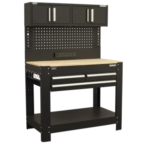 Superline PRO® Workbench with Pegboard Back Panel, Power Bar & Wooden Worktop