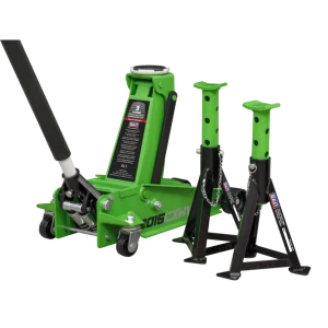 Trolley Jack with Super Rocket Lift 3 Tonne & Axle Stands (Pair) 3 Tonne Capacity per Stand - Green